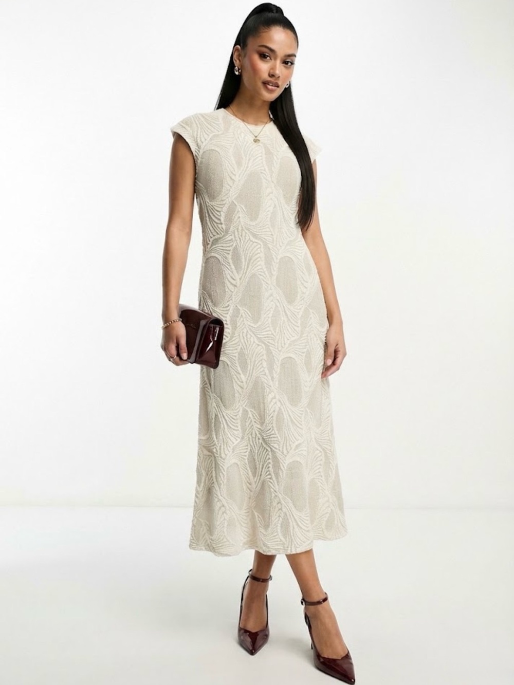 Zara Textured Cream & Beige Abstract 3D Knit Cap Sleeve Midi Dress Size Small